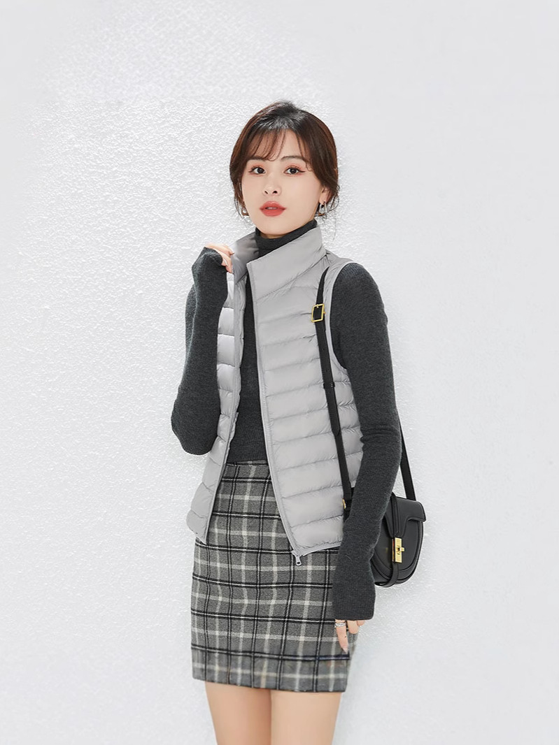 Tik Tok transfronterizo otoño y invierno nuevo tipo de chaqueta de plumón ligera para mujeres clip de caballo casual de moda chaleco de cuello de hombro vertical