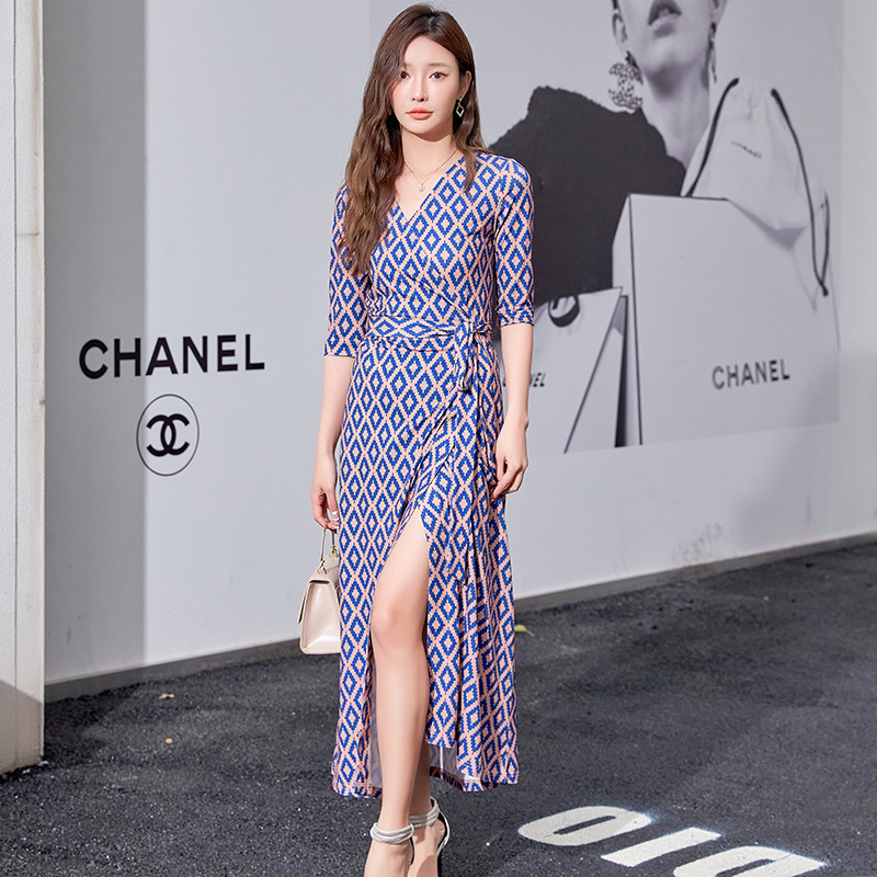 French Romantic Printed Long Dress Slimming Look Tea Break Dress for Women Pg Dvf2025 New Summer Wrap Dress