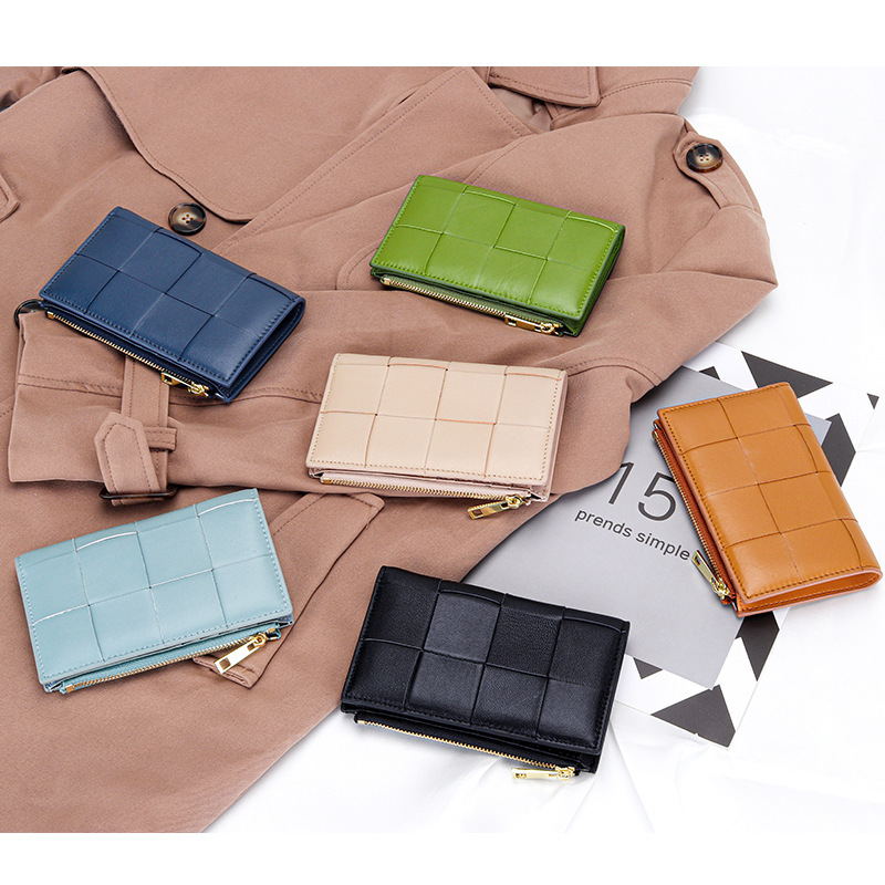 Sheepskin Woven Medium-Sized Vertical Wallet, New Style Women's Genuine Leather Wallet, Cross-Border Korean Multi-Card Slot Bifold Wallet