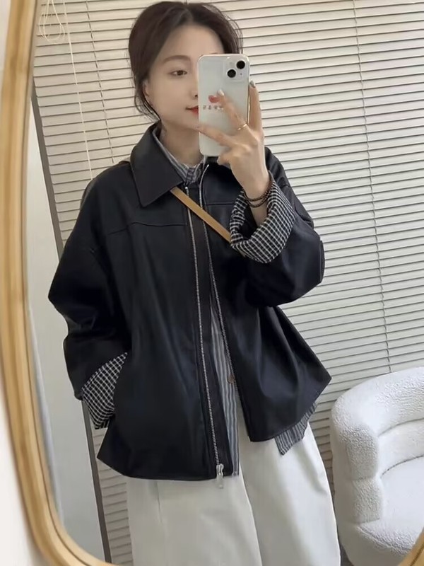 高级感拼接格子翻领黑色皮衣外套女春秋新款休闲百搭PU皮夹克上衣|undefined