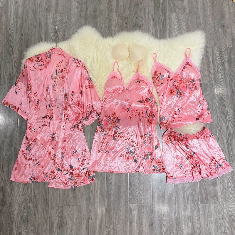 Silk four-piece women's lingerie set — bathrobe, push-up cami with cups, suspender, floral