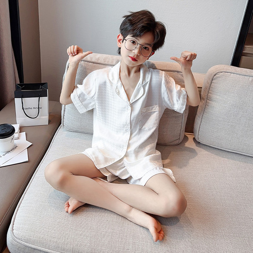 Summer thin set of boy's ice silk pajamas for middle and large children, two-piece summer short-sleeved shorts home wear for boys