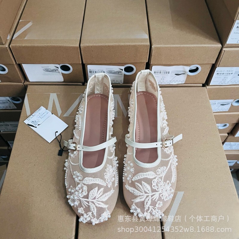 Za New White Embroidered High Heels Pearl Mesh Flat Shoes Round Toe Ballet Shoes Women's Mary Jane Shoes