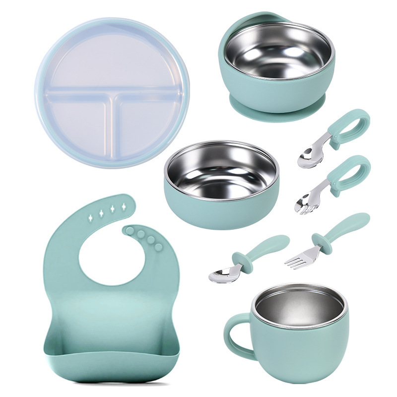Cross-Border Hot-Selling Children's Feeding Tableware Stainless Steel Dinner Plate Bowl Cup Silicone Bib Mother and Baby Supplies Fork and Spoon Set
