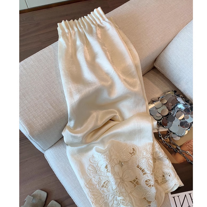 New Chinese Style Pants Corner Hollow Embroidered Satin Wide Leg Pants Women's Summer New Draped Loose Slimming All-match Straight Pants