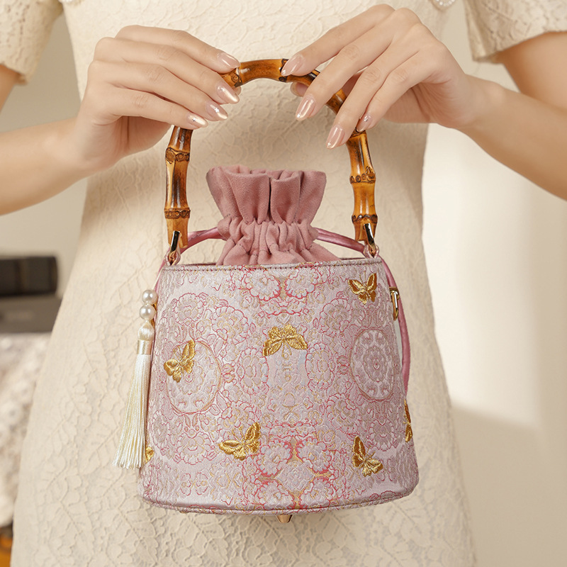 Golden Butterfly Garden Embroidered Handbag - Vintage Qipao Banquet Bag - High-Precision Embroidery Small Bucket Bag - Thumbnail 7