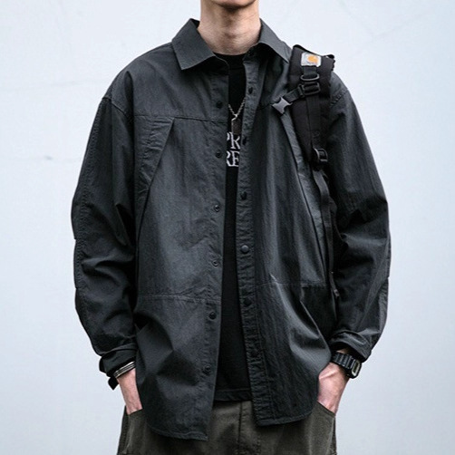 Japanese Retro Washed Vintage Work Shirt for Men, Spring and Autumn Loose Fit, Three-Dimensional Splicing, Casual Functional Long-Sleeve Shirt, Trendy