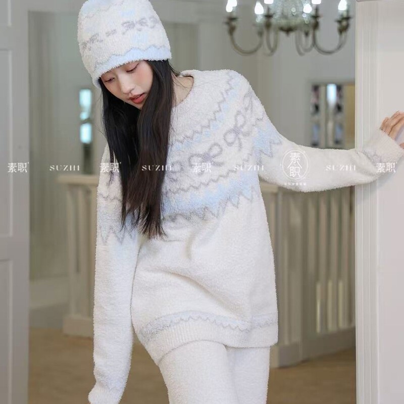 2025 Autumn/Winter Knitted Wool Pajamas Fair Isle Thickened Warm Wearable Outdoors Homewear Girly Style