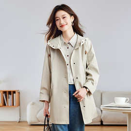 2025秋装新款中长款连帽通勤风衣韩系休闲宽松高级感长袖上衣女装