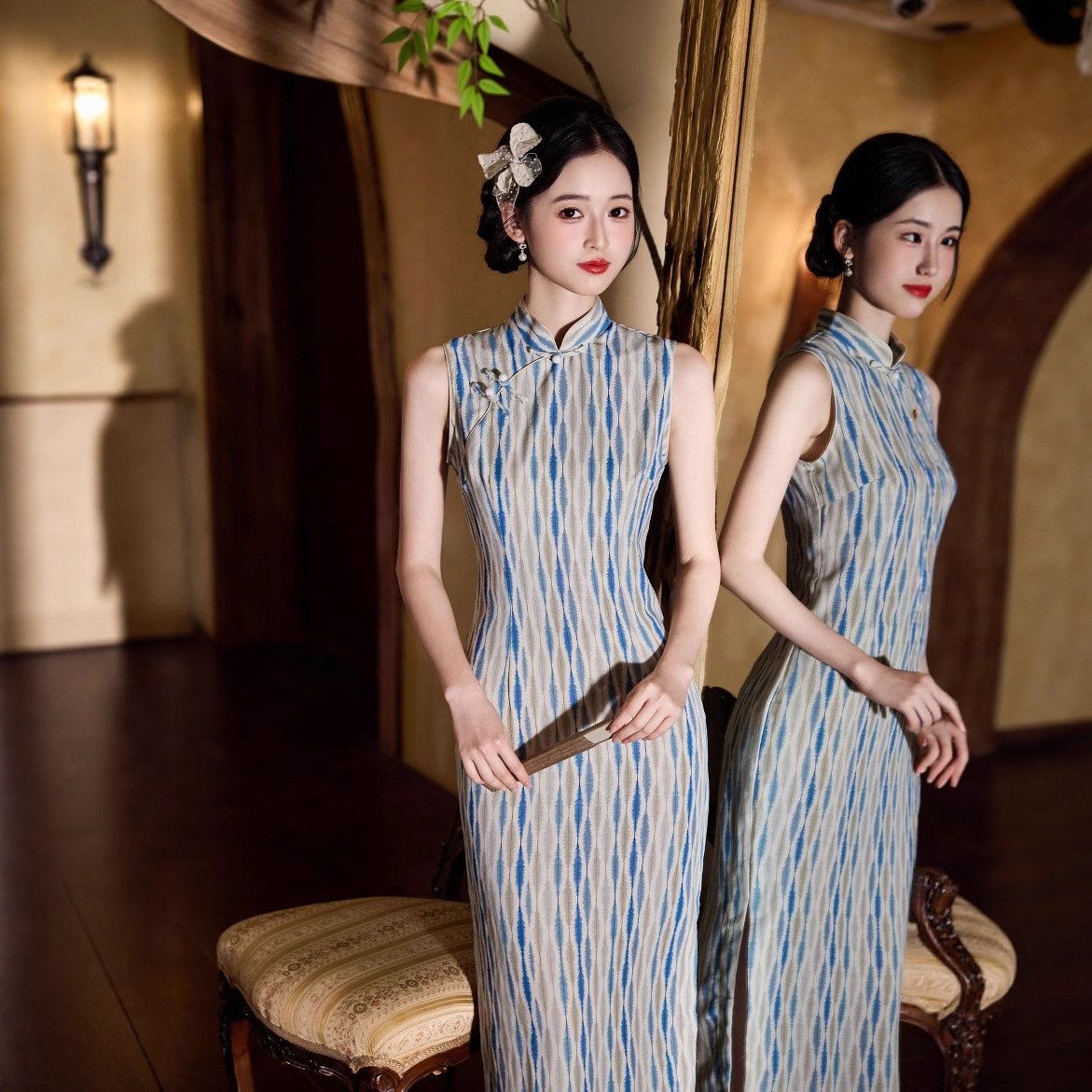 2025 новый летний Cheongsam, новый китайский стиль, полосатый ретро, элегантный Cheongsam, Jiangnan, древний стиль, молодой Cheongsam