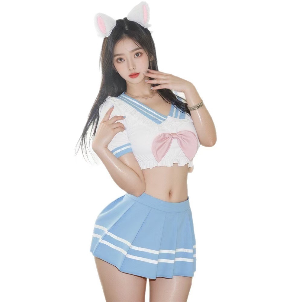 JK Schoolgirl Roleplay Uniform Set with Top, Mini Skirt and White Tights — detail image 5