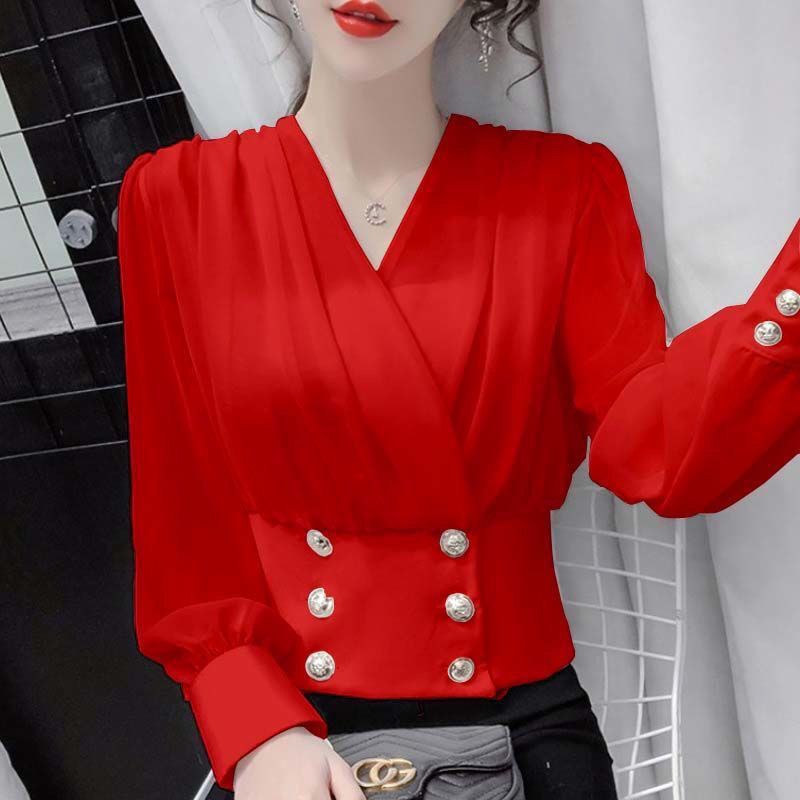 Long-Sleeve Chiffon Shirt for Women, Plus-Size Blouse, 2026 Spring and Autumn New Style, Waist-Cinching Puff Sleeve Short Base Shirt, Trendy Top