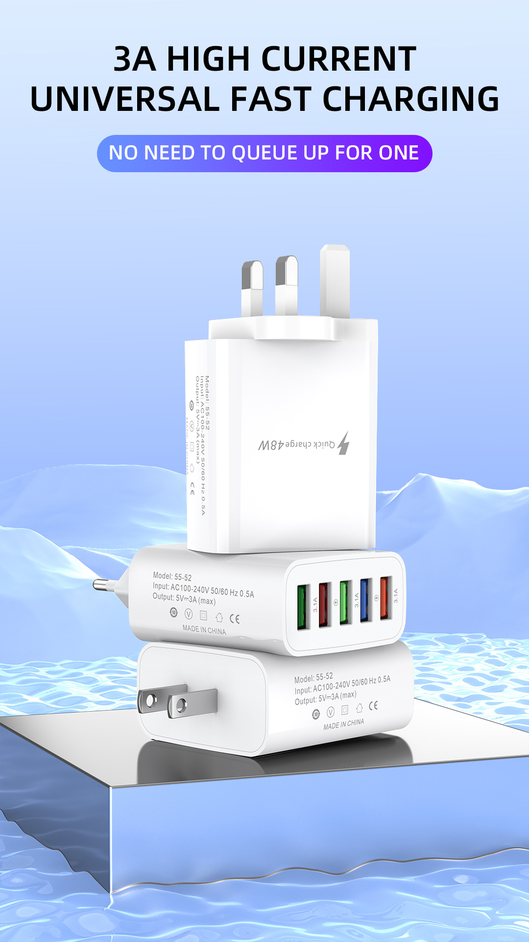 Novi punjač za mobilni telefon s priključkom 5U i više USB priključaka, europski američki standard, britanski standard s brzom glavom, 5V3A_voghion.com