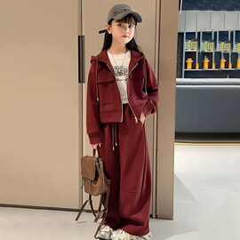 女童安可拉红套装春秋季新款儿童洋气中大童外套运动阔腿裤两件套