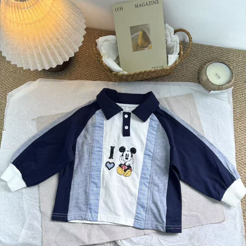 26 Spring New Style Boys' Polo Shirt with Cartoon Mickey Mouse Lettering and Patchwork Design Pullover Sweatshirt Top 26 Spring New Style Boys' Polo Shirt with Cartoon Mickey Mouse Lettering and Patchwork Design Pullover Sweatshirt Top