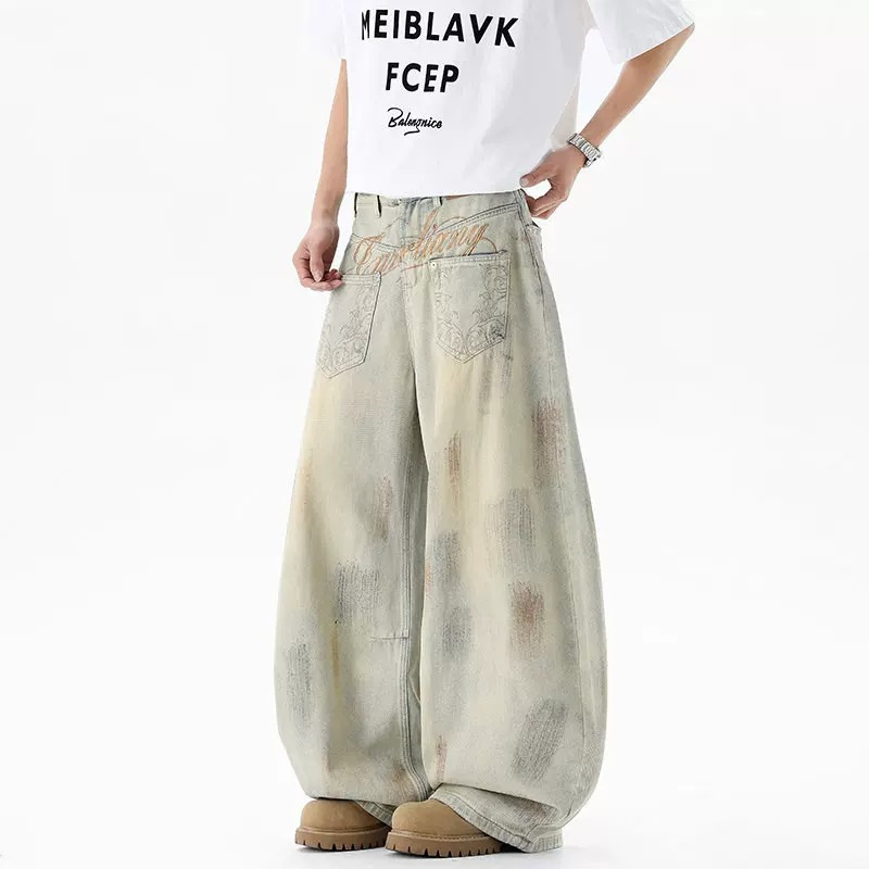 American Retro Dirty-Dyed Scimitar Jeans for Men and Women, Yellow Mud Color, Washed and Distressed, Reverse-Wear, Slimming Wide-Leg Floor-Length Pants, Trendy