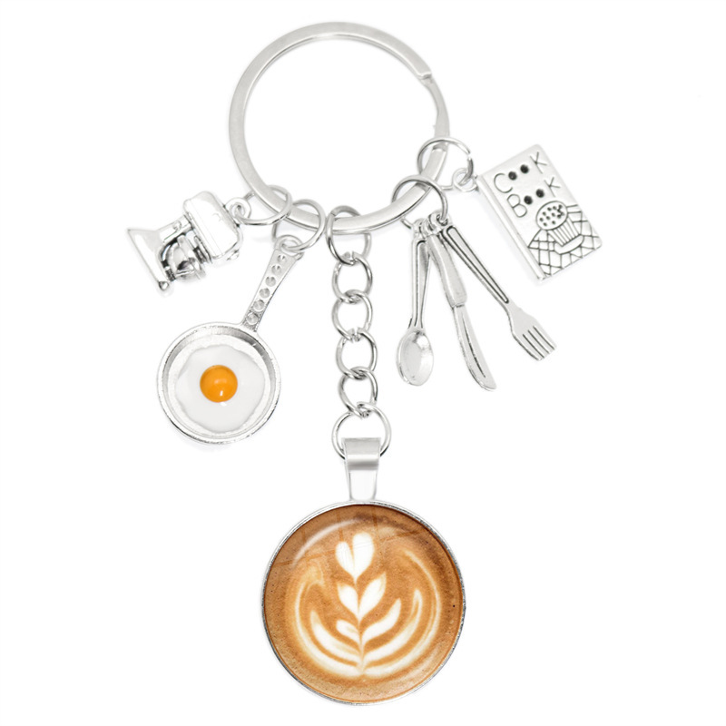 Coffee machine egg with pot keychain coffee latte carving love flower art glass pendant cross-border hot sale