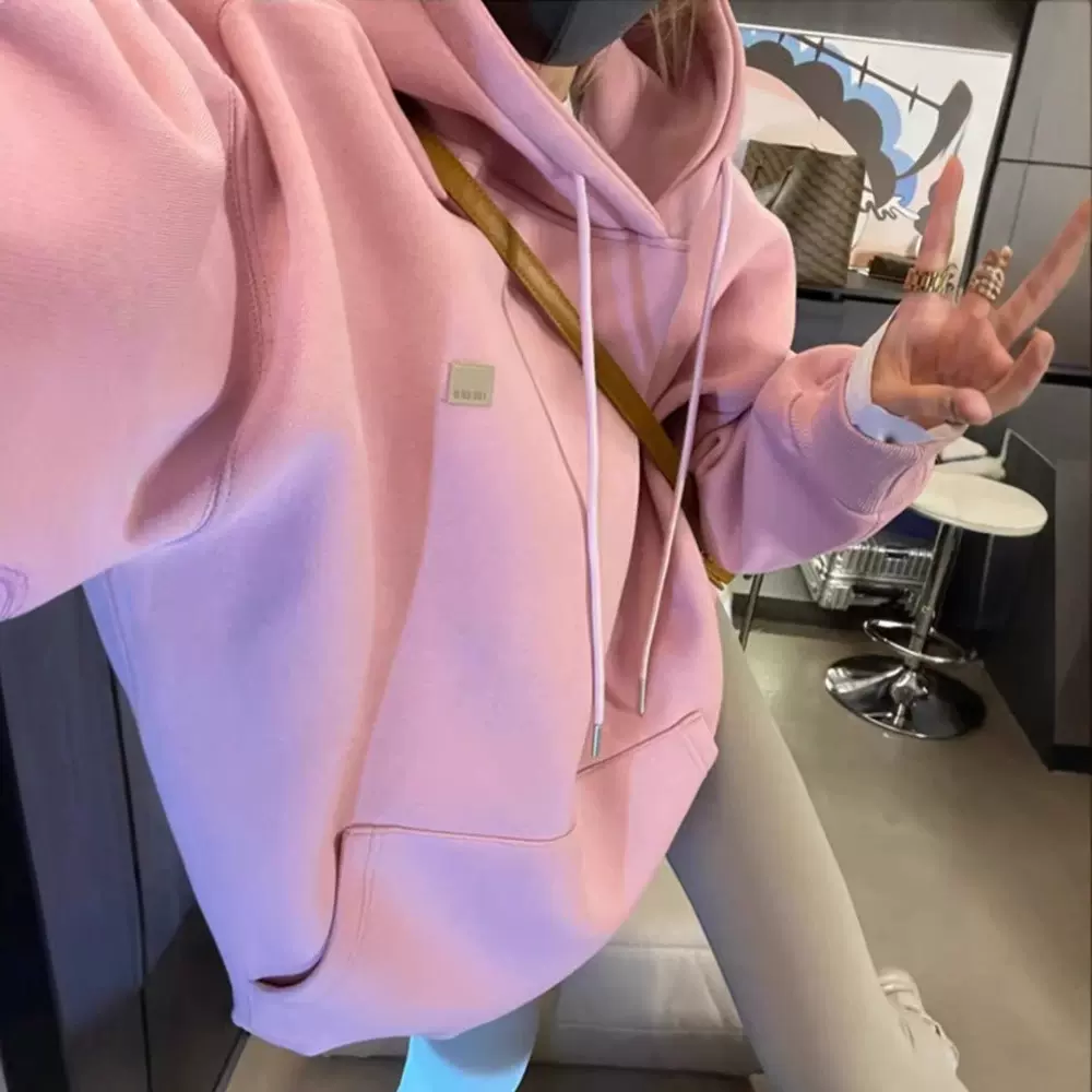 2026年新款秋冬季连帽慵懒风韩版宽松上衣外套粉色加绒加厚卫衣女