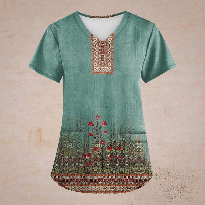 New Style Independent Digital Print Nursing Uniform for Women, Spring Short-Sleeve V-Neck Ethnic Style Pocket T-Shirt Wb10