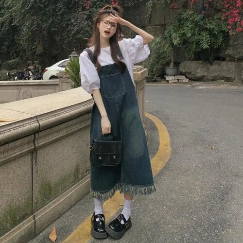 Two-Piece Sweet French Tea Party Dress with Denim Fringe Belts for Children and Students + Bubbling Sleeve Shirt