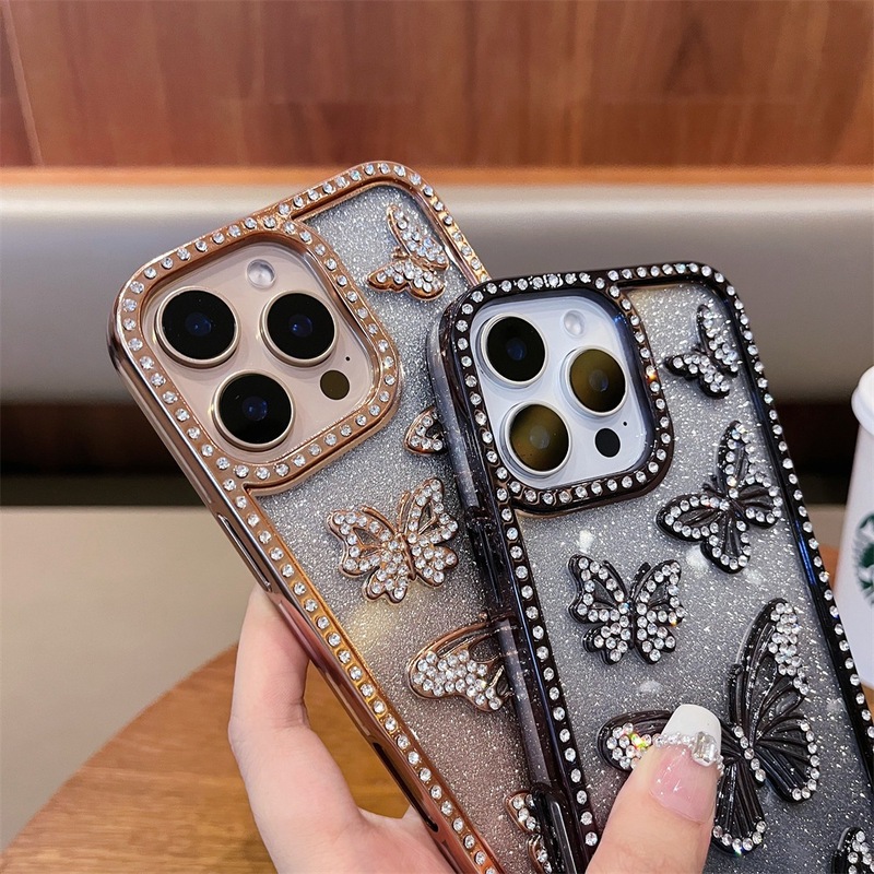 iPhone17電気メッキ立体蝶ポイントダイヤモンド携帯電話ケース、Apple 16promax対応、グラデーショングリッター15、越境販売|undefined