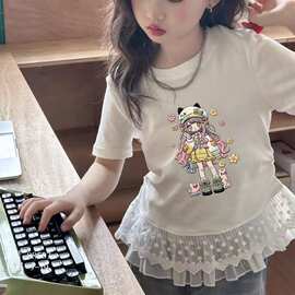 外贸童装纯棉蕾丝花边T恤卡通印花女童短袖夏季新款短袖儿童半袖T