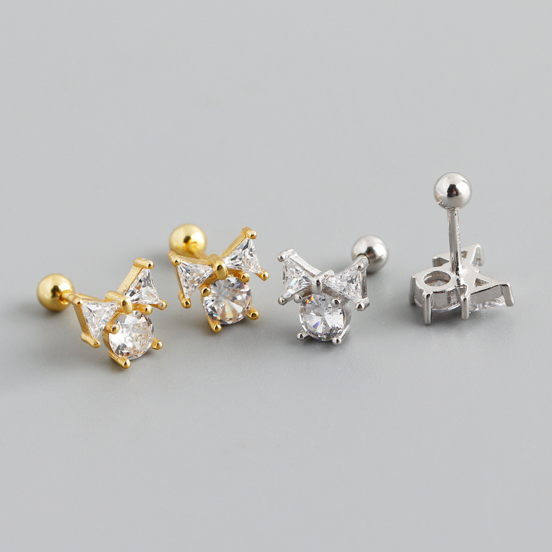 Fashion Bow Knot Sterling Silver Inlay Zircon Ear Studs 1 Pair