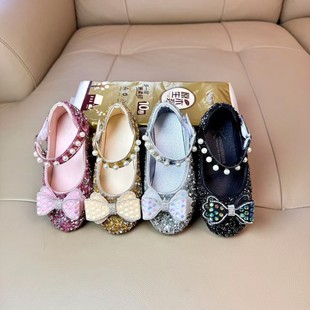 Girls' Princess Shoes 2024 Spring and Autumn New Arrival Rhinestone Fashion Bow Girl Baby's Crystal Shoes Soft Sole Aisha Shoes