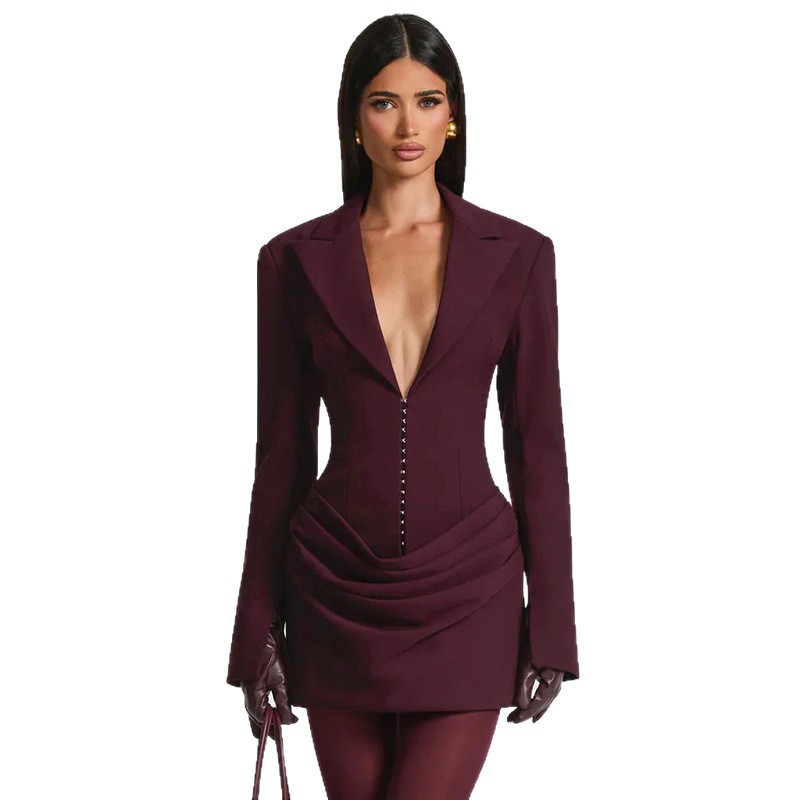 2025 transfronterizos de estilo europeo y americano de mujer otoño y invierno nuevo temperamento sólido color oscuro V plegado cintura traje