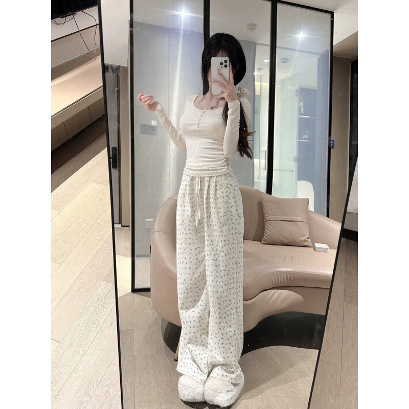 温柔初恋套装女早秋甜系碎花拼接假两件上衣小个子系带碎花阔腿裤|undefined