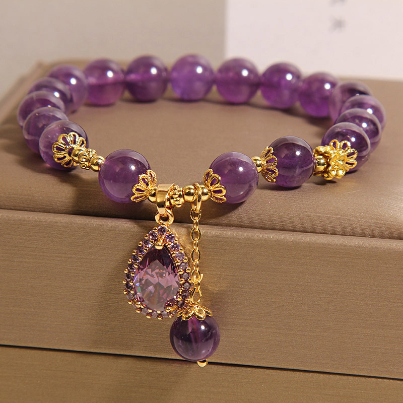 Pulsera de amatista natural para mujer, lujo ligero, nicho, exquisito y versátil, colgante de gota de agua púrpura, pulsera, joyería de novia y hermana