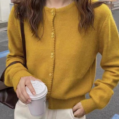 100纯羊毛开衫2025秋冬新款圆领短款毛衣外套女针织纯色显瘦上衣