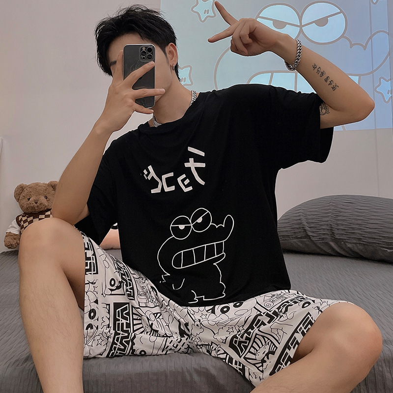 Men's Pajamas Modal Summer Short-Sleeved Teenagers and Students Cartoon Cute Thin Home Clothes Set Clearance Sale