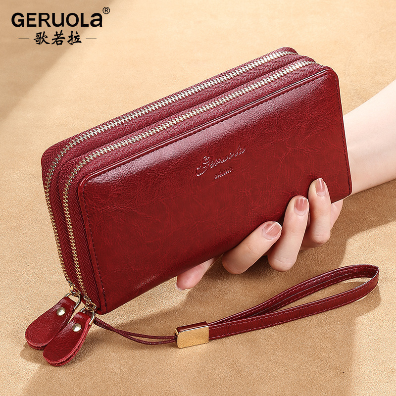 Genuine Leather Long Wallet 2025 New Women's Hand Wallet Card Holder Integrated Large Capacity Double Zipper Wallet Mobile Phone