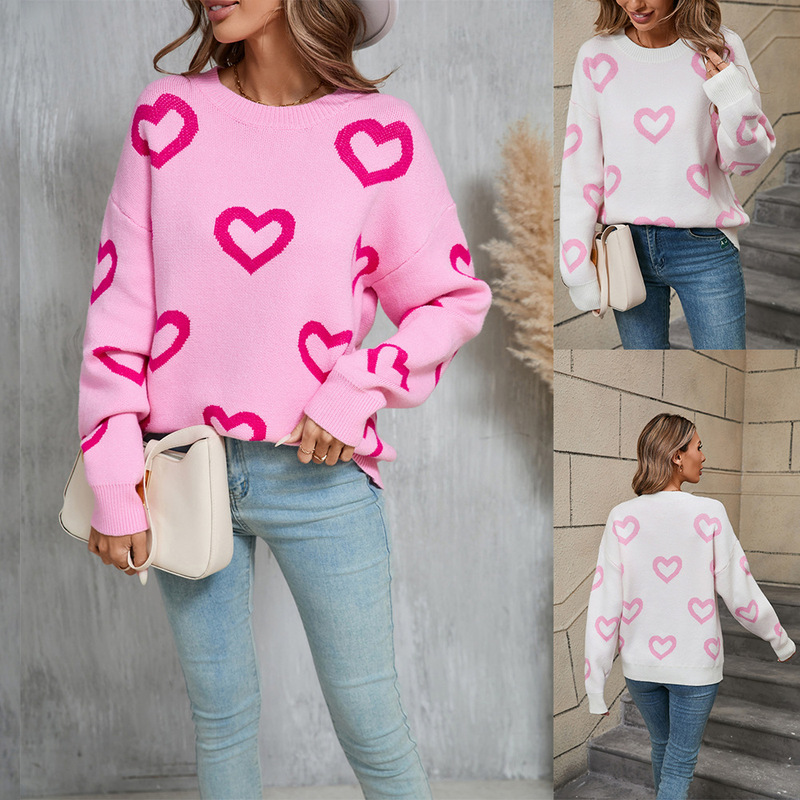 2026 Spring New European and American Cross-Border Sweater, Two-Color Jacquard Heart Valentine's Day Round Neck Pullover Plus-Size Sweater for Women