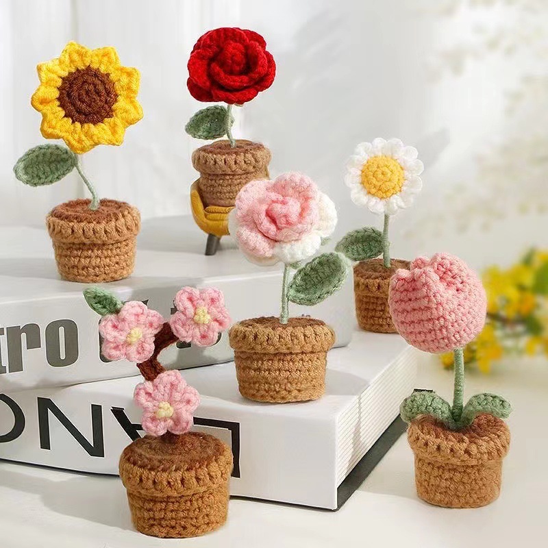 Paquete de material DIY lana flor trenzada mini maceta para automóviles sol adornos de escritorio ganchillo flores inmortales