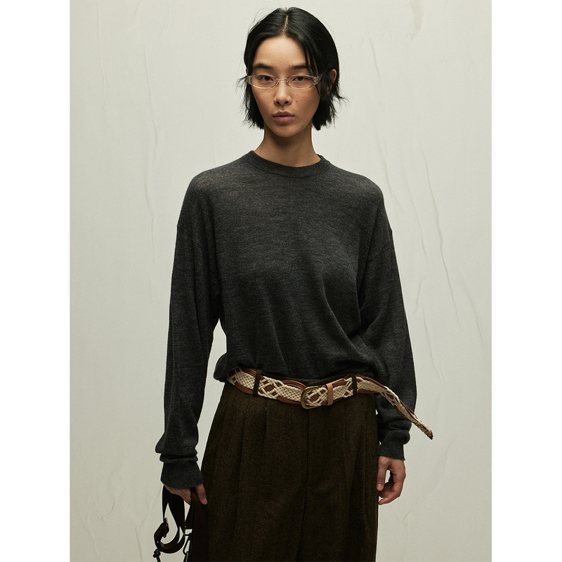 [Shixing] New Basic Pure Color Wool Blended Baby Camel Hair Loose Long-Sleeved Round Neck Close-Fitting Sweater V7030