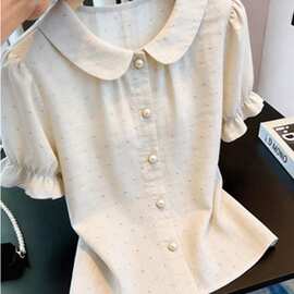 韩系时尚优雅穿搭减龄短袖上衣女年夏季新款淑女风娃娃领设计