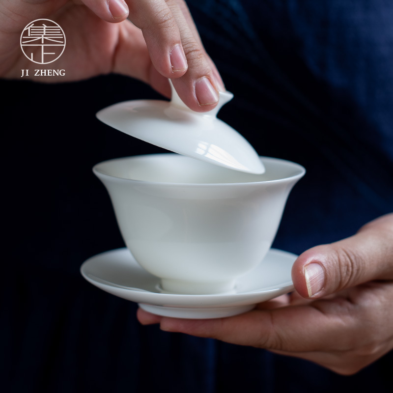 Dehua White Porcelain Sancai Bowl Mutton Fat Jade Porcelain Kung Fu Tea Set Tea Bowl Single Bowl Home Simple Tea Bowl Customization