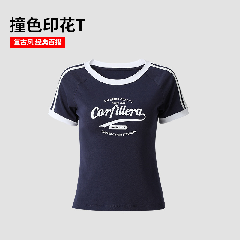 美式三杠条纹短袖印花恤女复古薄款甜辣夏季新款正肩短款上衣|undefined