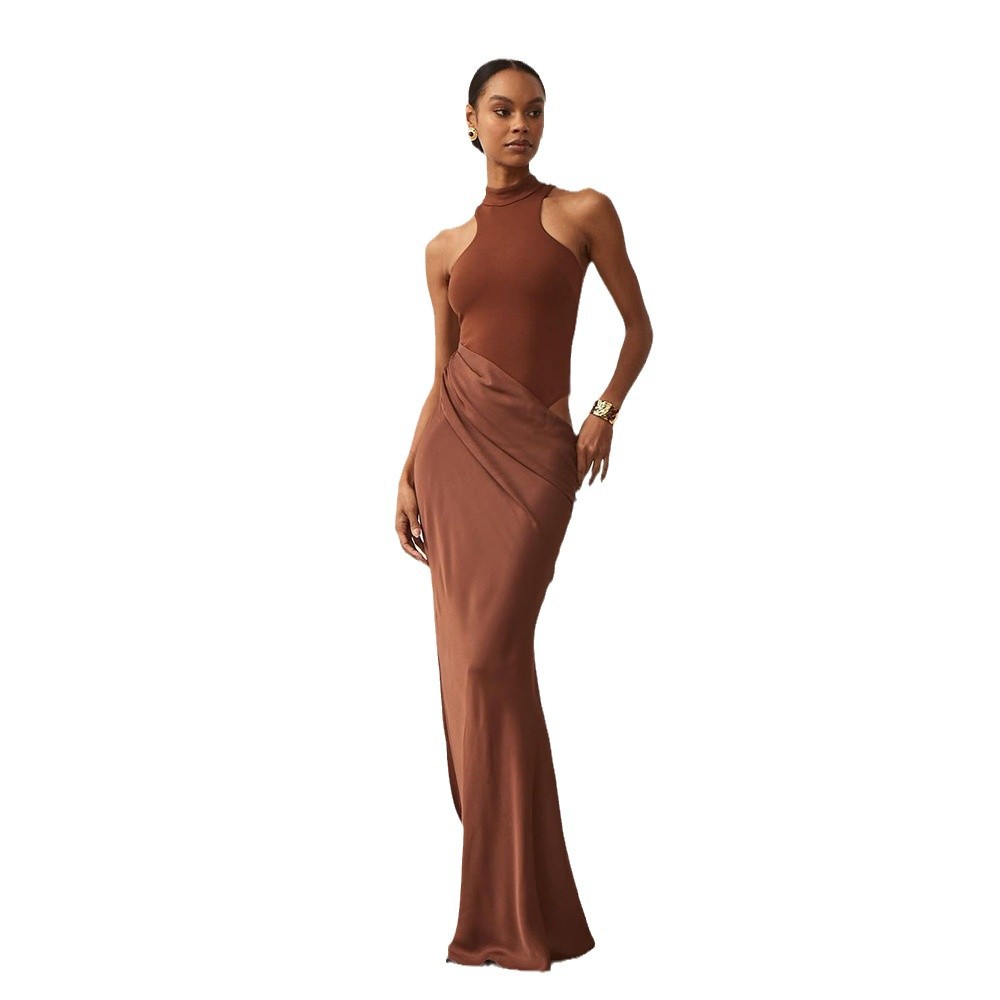 Europa y América nueva moda de mujer transfronteriza de Amazon estilo medio alto cuello sin mangas delgado empalme hueco vestido de cadera image 6
