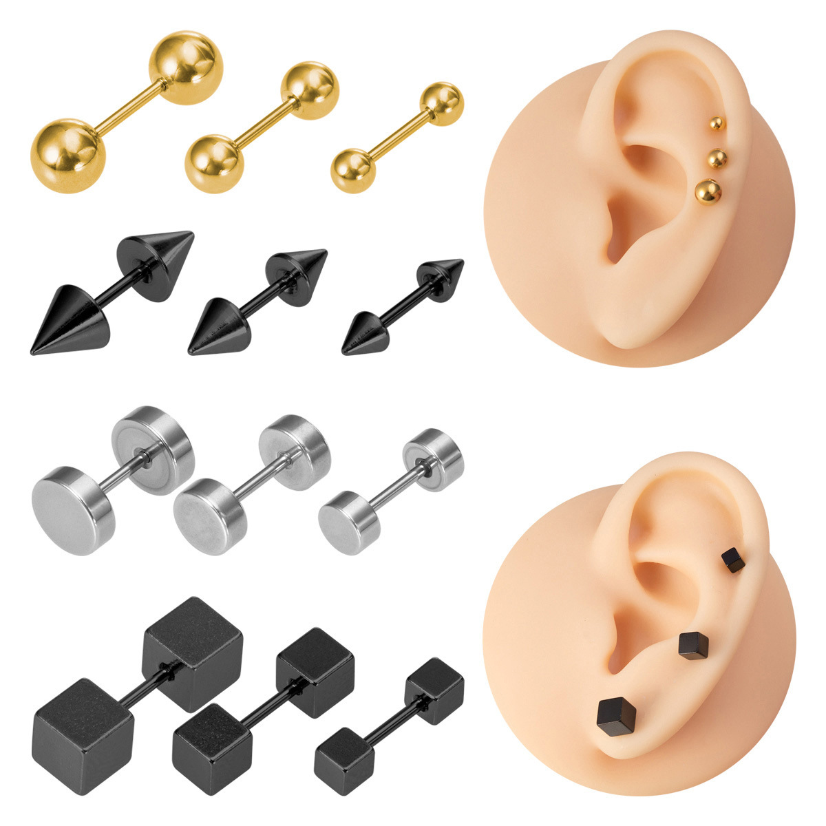 Simple Style Round Square Stainless Steel Plating Ear Studs 3 Pieces
