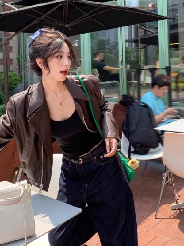 咖色pu皮衣外套女短2025秋季宽松小个子复古港风长袖机车夹克上衣|undefined