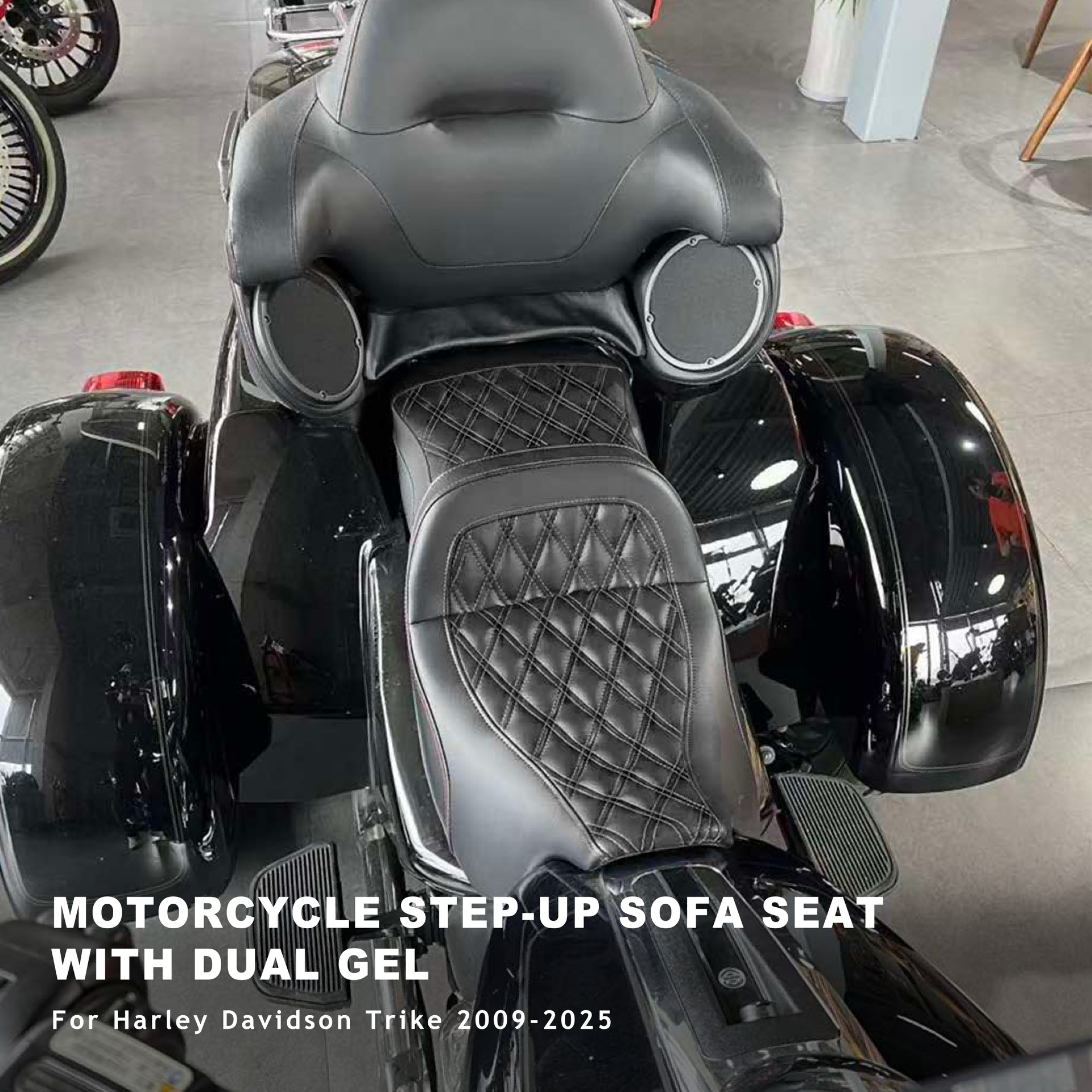 Motorcycle double seat cushion compatible with Harley 09-25 Trike Glide, with built-in dual gel cushioning layers