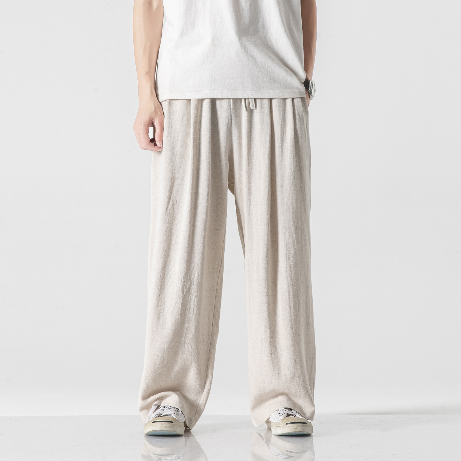 Pantalones de lino de estilo chino Pantalones deportivos rectos sueltos de los hombres ropa de algodón de verano moda nacional más tamaño pantalones de pierna ancha pantalones Casuales