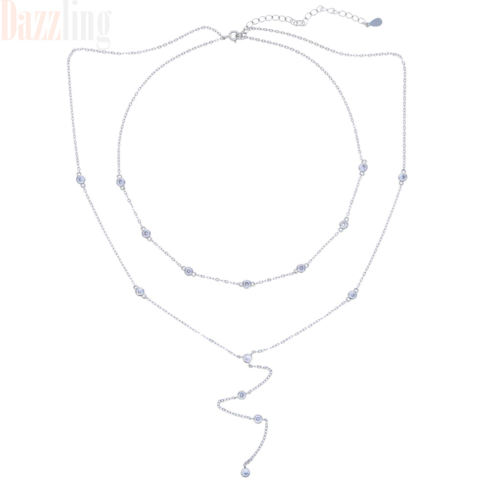 Women’s Round Zircon Double Chain Pendant Necklace Simple Versatile_voghion.com