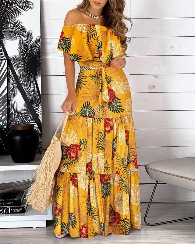 Printed One Word Shoulder Maxi Dress NSYF66874