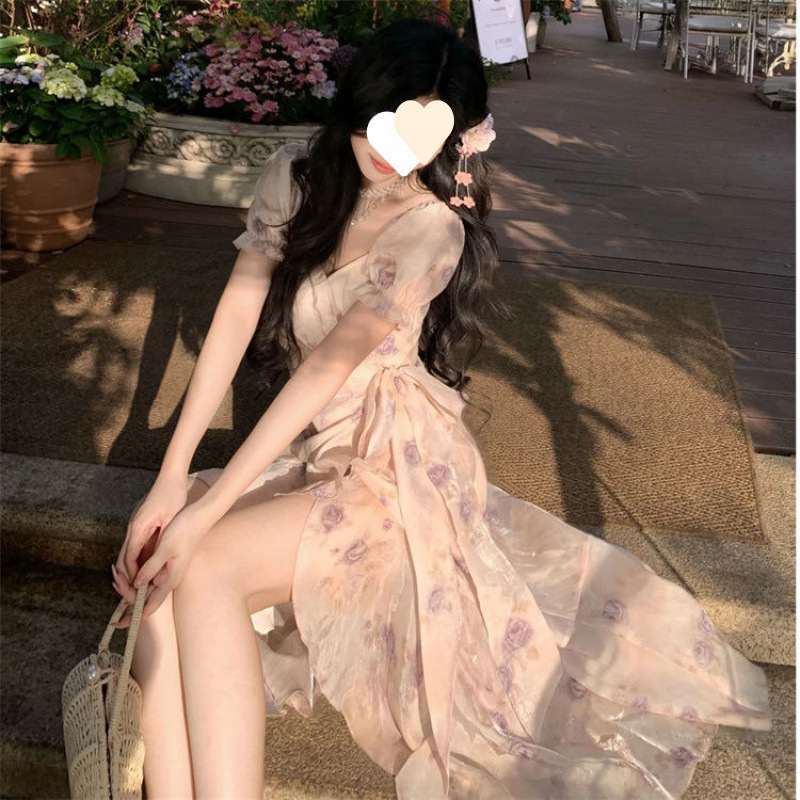 フレンチフリルスカート少し太ったmm夏の新しいリゾートスタイルプリントスリム半袖ドレス女性用|undefined