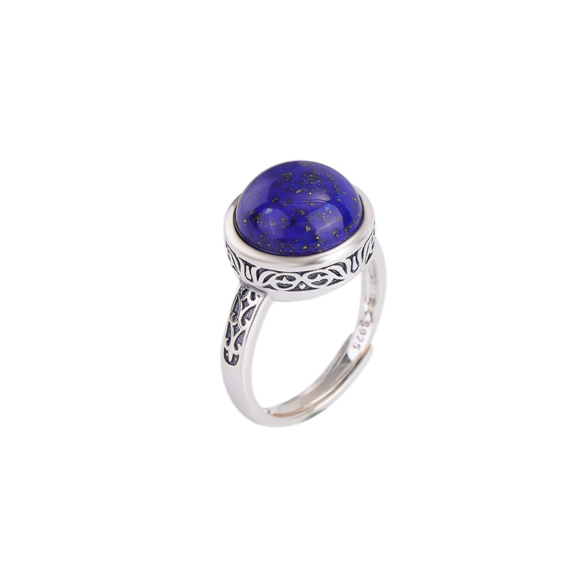 Nhẫn bạc S925 đính đá Lapis Lazuli họa tiết hoa văn cổ điển phong cách dân tộc — Mở một size