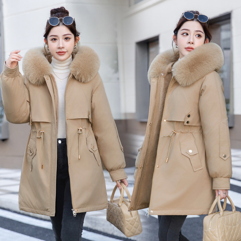 Cuello de cabello para superar la chaqueta de algodón de invierno femenino con lana y chaqueta de algodón gruesa, chaqueta de algodón media y larga